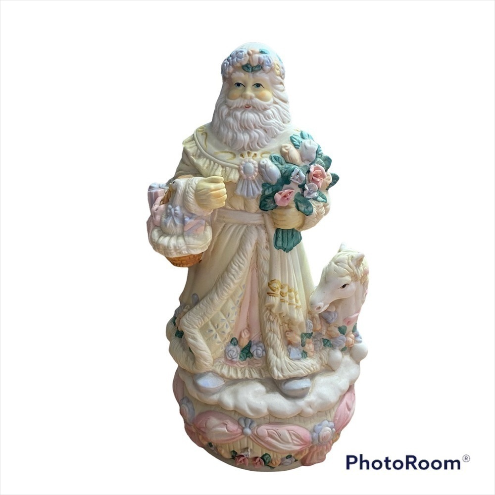 Vintage St. Nick Santa Claus Musical Sculpture Ceramic Floral Horse Music Box
